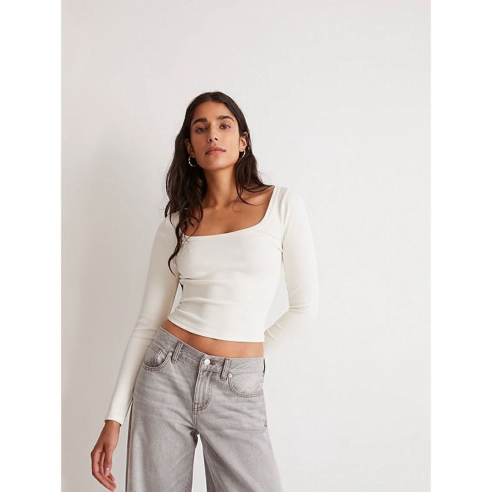 Madewell Square-Neck Long-Sleeve Crop Top. in Sleekhold In Lighthouse Siz Xs NWT